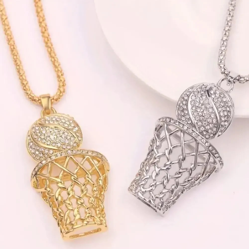 Basketball Necklace Silver Tone with Rhinestones 24” Chain